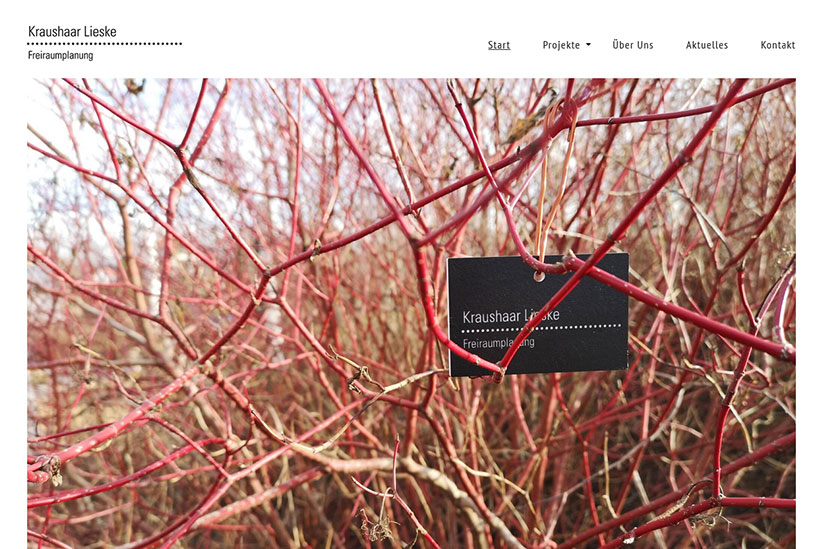 Screenshot der Website von Kraushaar Lieske. Oben befindet sich rechts das Logo, welches Typografisch gesetzt ist und rechts daneben die Navigation der Website. Der Hauptinhalt der Webseite besteht aus roten Zweigen, an einem der Zweige hängt ein schwarzes Etikett. Auf dem Etikett steht Kraushaar Lieske, gefolgt von Freiraumplanung.